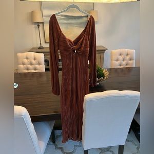Maternity PinkBlush Rust Pleated Front Cutout Back Tie Maternity Midi Dress